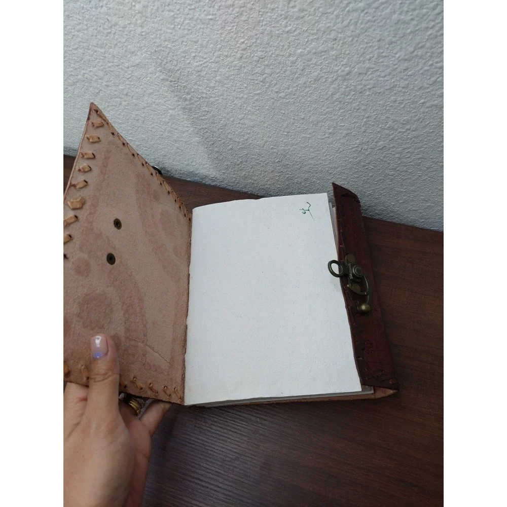 Embossed Leather Journal Handmade Paper Brass Clasp Brown Diary‎ 6x8